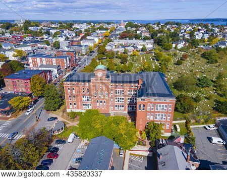 Aerial View Of North School Building And Eastern Cemetery On 248 Congress Street In Downtown Portlan