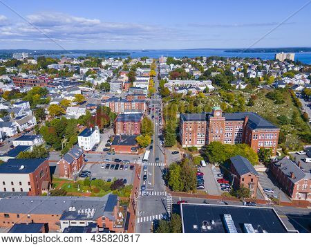Aerial View Of Munjoy Hill Historic District On Congress Street From Downtown Portland, Maine Me, Us
