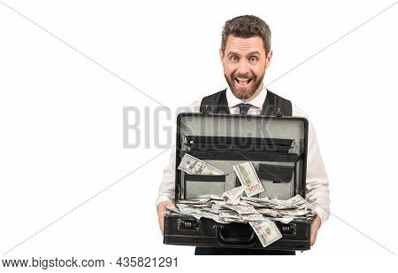 Surprised Businessman With Money Case Isolated On White Background, Copy Space, Investment.