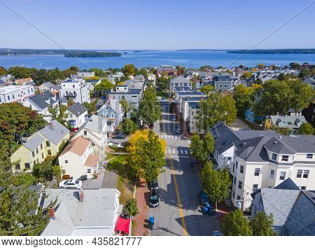 Munjoy Hill Historic Residence Community Close Up Aerial View In Portland, Maine Me, Usa.
