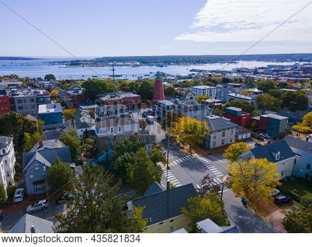 Portland Observatory Aerial View At 138 Congress Street On Munjoy Hill In Portland, Maine Me, Usa. T