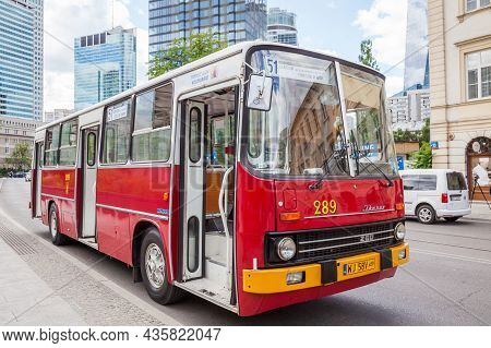 Warsaw, Poland, June 28, 2019: A Vintage Old Ikarus Passenger Bus At A Bus Stop In The City Center.