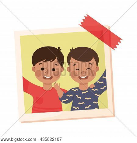 Happy Little Boy On Photo Card Or Snapshot Sticking On The Wall Vector Illustration. Excited Kid Wit