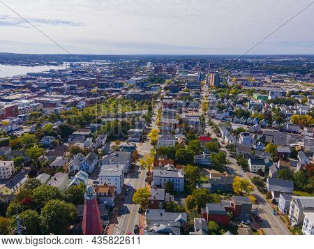 Munjoy Hill Historic District Aerial View With Portland Downtown Skyline At The Background In Portla