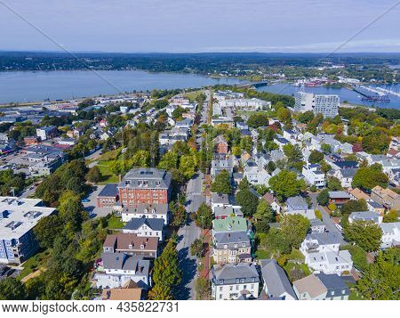 Munjoy Hill Historic Residence Community Close Up Aerial View In Portland, Maine Me, Usa.