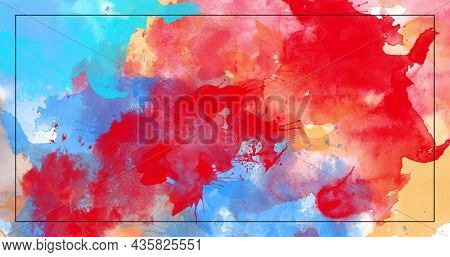 Image of layers of red, blue and yellow splodges of paint appearing in black frame, digitally generated