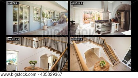 Composite of views from four security cameras in family home, showing stairs, terrace and kitchen. surveillance and domestic security technology concept, digital composite image.