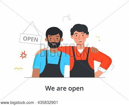 Men Open Shop. People Rejoice At Opening Of New Outlet, Businessmen, Salespeople. Return To Work Mod