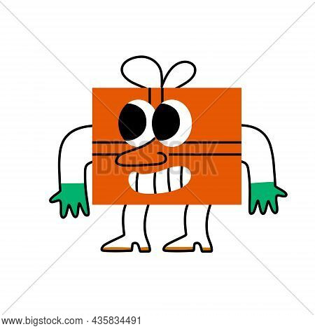 Christmas Character - Fun Gift With Face. Abstract Red Box With Arms And Legs. Trendy Modern Cartoon