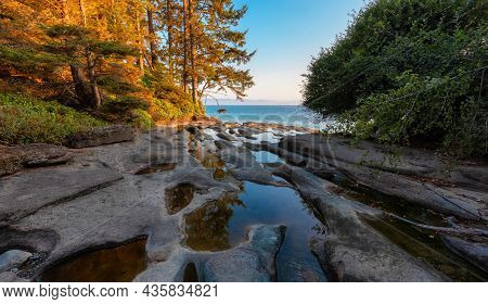 Unique Rock Formation At Sandcut Beach On The West Coast Of Pacific Ocean. Summer Sunny Sunset. Cana