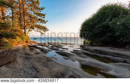 Sandcut Beach On The West Coast Of Pacific Ocean. Summer Sunny Sunset. Canadian Nature Landscape Bac