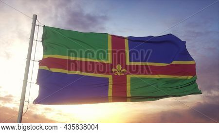 Lincolnshire Flag, England, Waving In The Wind, Sky And Sun Background. 3d Rendering