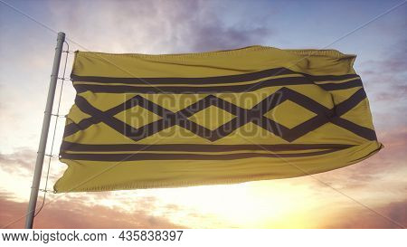 West Midland Flag, England, Waving In The Wind, Sky And Sun Background. 3d Rendering