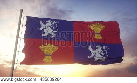 Gascogne Flag, France, Waving In The Wind, Sky And Sun Background. 3d Rendering