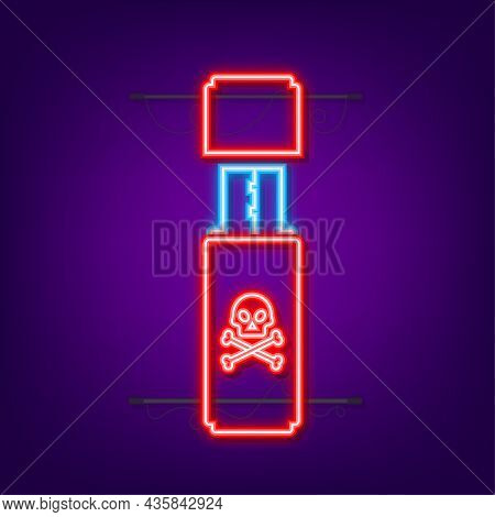 Computer Virus On Usb Flash Card. Virus Protection. Neon Icon. Vector Stock Illustration