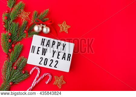 Festive Composition With Pine Branches, Stars, Candy Cane, Festive Balls And Light Box