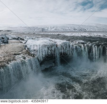 Beautiful Godafoss Waterdall Cascade In Iceland In Winter And Early Spring. Close To Reykjavik.