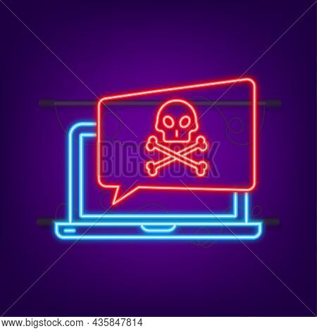 Cyber Attack. Data Phishing With Fishing Hook, Laptop, Internet Security. Neon Icon. Vector Stock Il