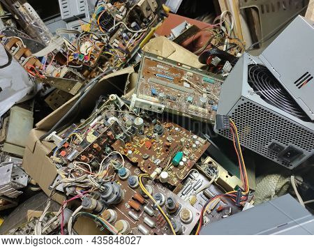 Scrap Of Old Printed Circuit Boards With Various Radio Components