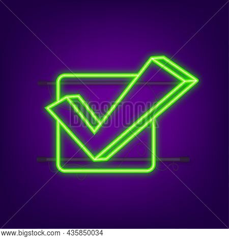 Checkmark Neon Icon. Red Approved Sticker On White Background. Vector Stock Illustration