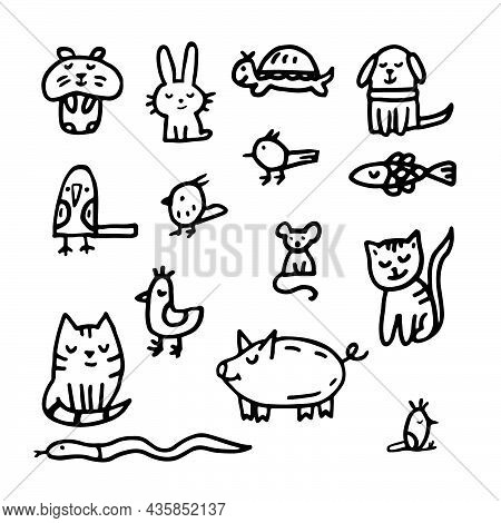 Doodle About Veterinary And For Pet Shop. Cat, Dog, Hamster, Parrot, Rabbit, Pig, Hare, Fish Snake M