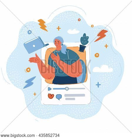Vector Illustration Of Browser Window With Videoblogger Woman Post