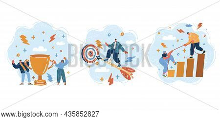 Vector Illustration Of Group Of People Standing Together, Community, Togetherness. Man Fly On Arrow 
