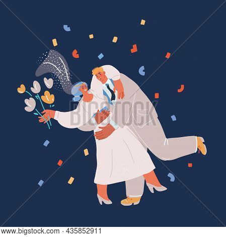 Vector Illustration Of Wedding Silhouettes. Bide And Groom Dance Together Over Dark Backround.
