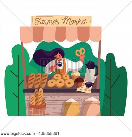 Female Baker In Uniform Selling Fresh Bakery Products In Baking Shop