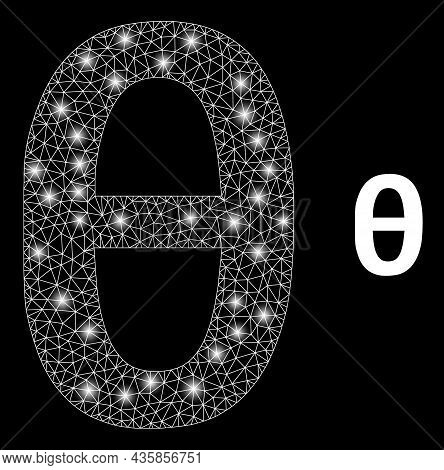 Glossy Mesh Vector Theta Greek Lowercase Symbol With Glare Effect. White Mesh, Glare Spots On A Blac