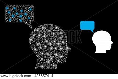 Bright Mesh Vector Man Mention With Glow Effect. White Mesh, Bright Spots On A Black Background With