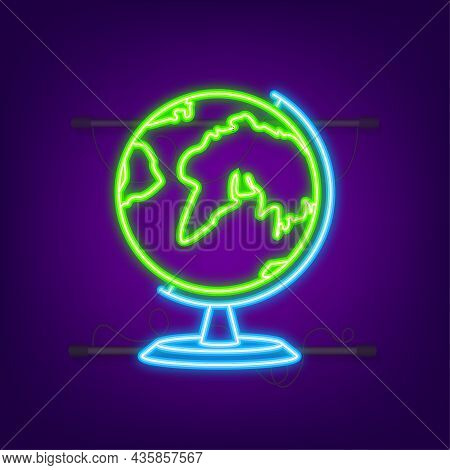 Earth Globes. Flat Planet Earth Neon Icon. Vector Stock Illustration