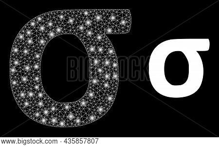 Glossy Mesh Vector Sigma Greek Lowercase Symbol With Glare Effect. White Mesh, Glare Spots On A Blac