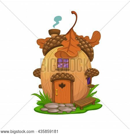 Fairy Oak Acorn House, Vector Dwelling Of Elf, Gnome Or Wizard. Cartoon Fantasy Home, Cottage Or Bun