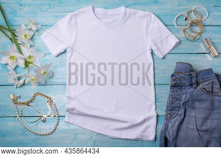 Womens T-shirt Mockup With Lilies And Lipstick