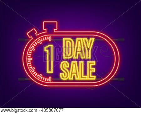 1 Day Sale. Countdown Timer. Clock Icon. Glitch Icon. Time Icon. Count Time Sale. Neon Icon. Vector 