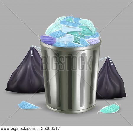 Used Disposable Face Masks In Plastic Trash Bags, Rubbish Bin And Thrown On The Ground. Environment 