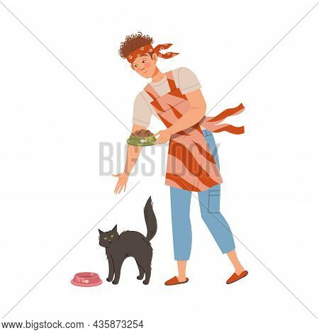 Man Feeding Pet Cat. Househusband Doing Daily Routine Cartoon Vector Illustration