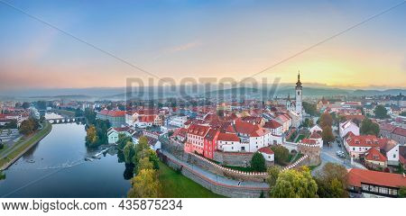 Pisek, Czechia. Aerial Panorama Of Old Town On Sunrise