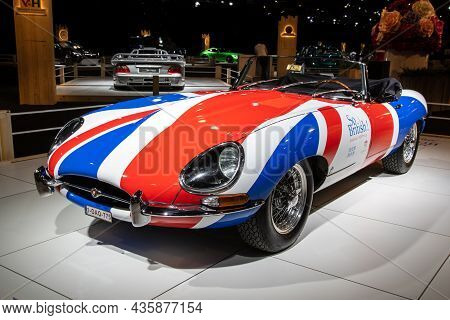 Jaguar E-type 1967 Retro Sports Car Showcased At The Autosalon 2020 Motor Show. Brussels, Belgium - 