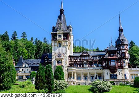 Beautiful Neo-renaissance Building Of Peles Castle (castelul Peles) Near Bucegi Mountains (muntii Bu