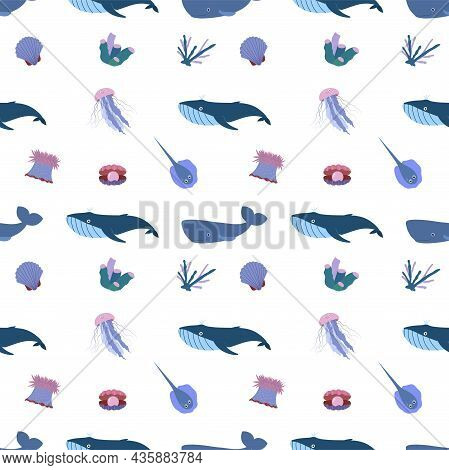 Sea Animal Seamless Pattern With Whale, Jellyfish And Stringray, Seashell, Coral. Undersea World Hab