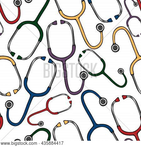 Stethoscope. Medical Diagnostic Device. Seamless Vector Pattern. Isolated Background. Repeating Medi