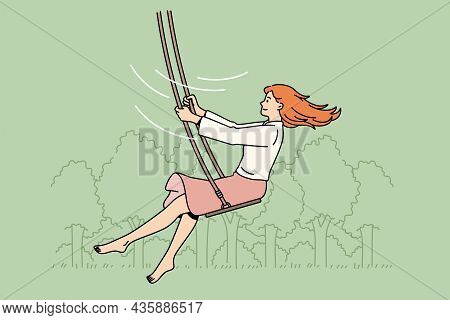 Summer Leisure And Activities Concept. Young Smiling Woman Cartoon Character Enjoying Ride On Swings