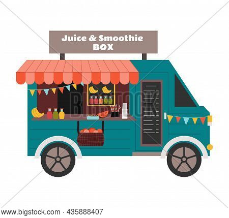 Street Van Sale Fresh Juice And Smoothies, Shop Counter On Wheels. Transport With Canopy, Menu And H