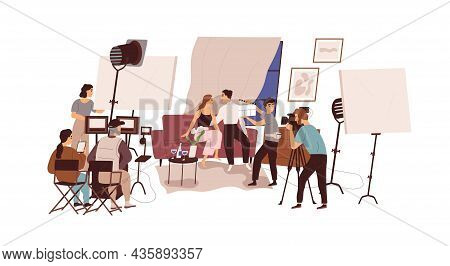 Director, Cameraman And Actors At Film-making Process, Shooting Love Scene Of Melodrama Movie. Backs