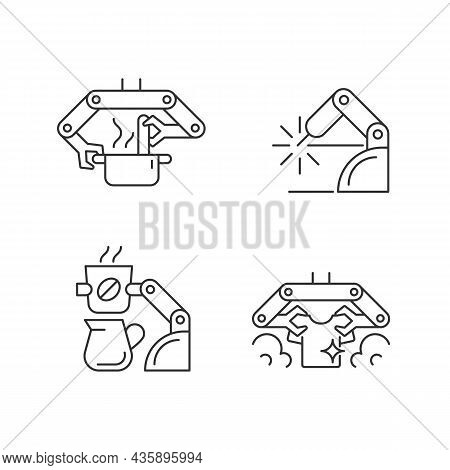 Automated Mechanical Devices Linear Icons Set. Robotic Kitchen. Welding Robotics. Coffee Making Robo