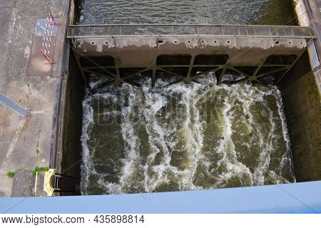 Water Flowing Into A Sluice Of Mosel River Lock Koblenz