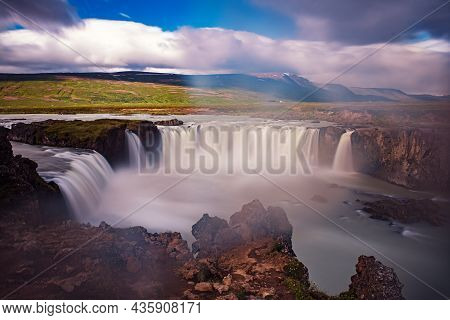 Godafoss Waterfall In Iceland, Summer Natural Travel Background