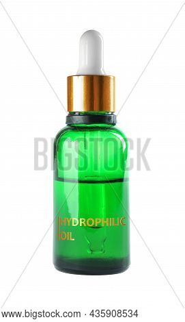 Bottle Of Hydrophilic Oil Isolated On White. Makeup Remover